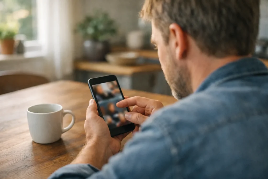 Een persoon bekijkt oude video's op een telefoon aan de keukentafel.
