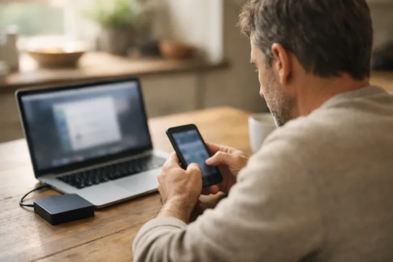 Persoon bekijkt een telefoon aan de keukentafel met een laptop en externe schijf ernaast.