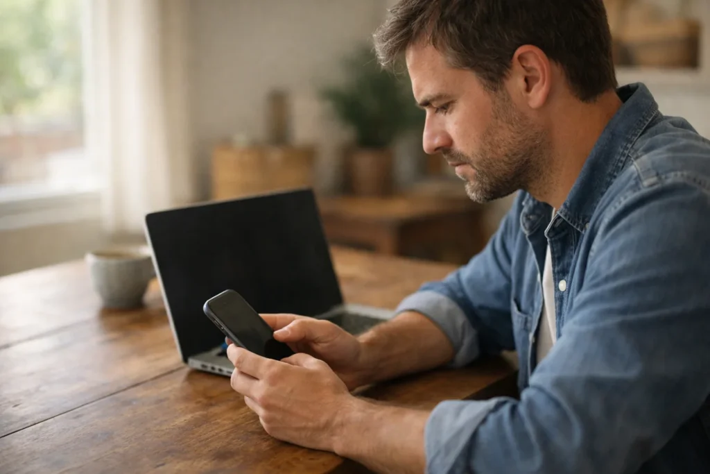 Persoon controleert een oude telefoon naast een laptop om toegang tot een Instagram account terug te krijgen.