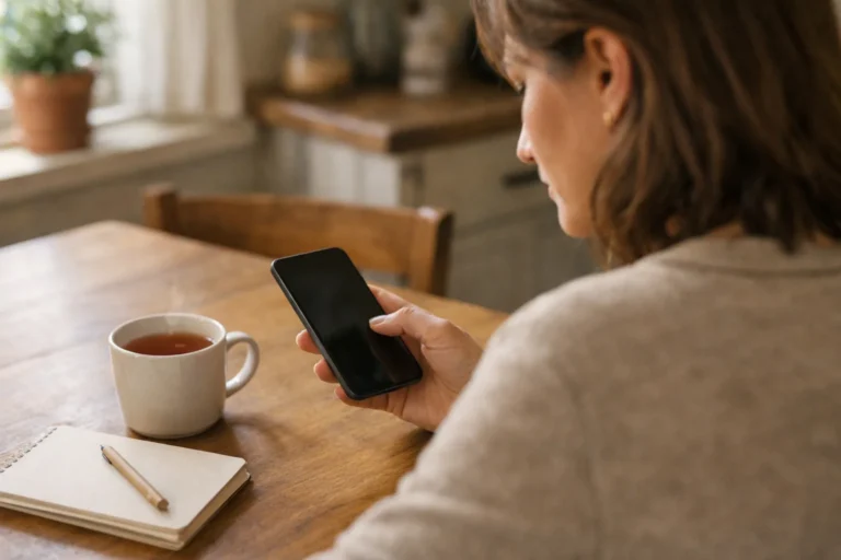 Persoon bekijkt een smartphone aan de keukentafel om een eigen Instagram bericht te beheren.