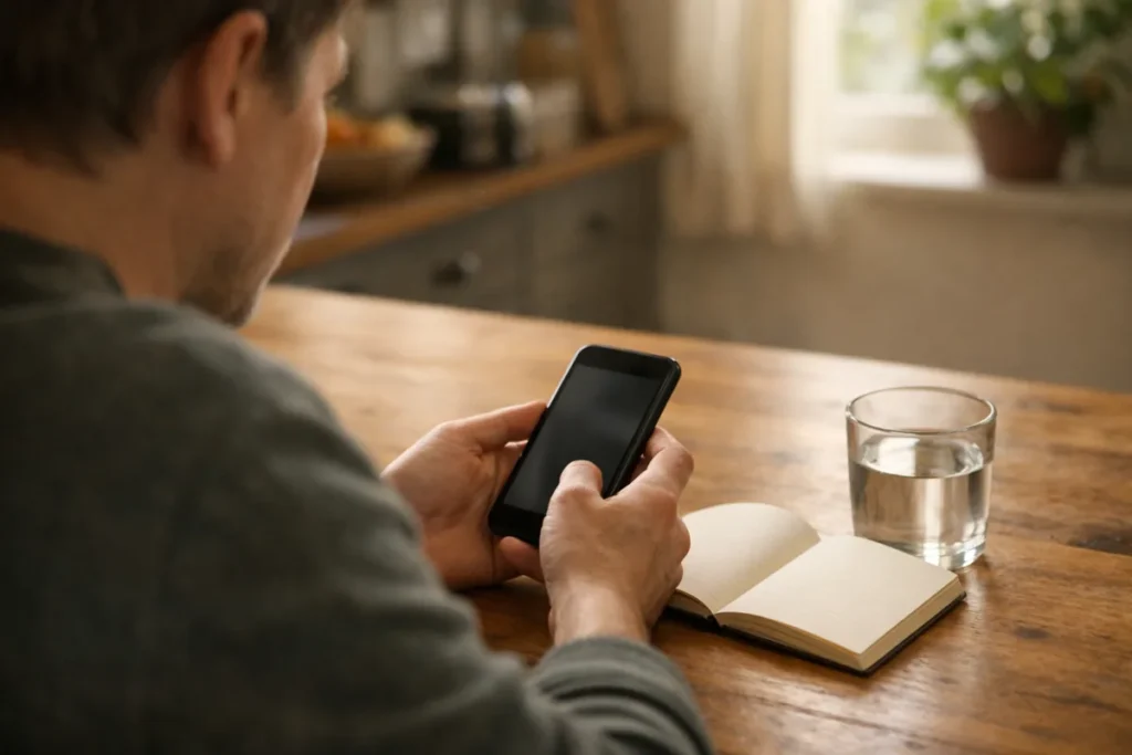 Persoon bekijkt een smartphone aan de keukentafel met een notitieboek ernaast.