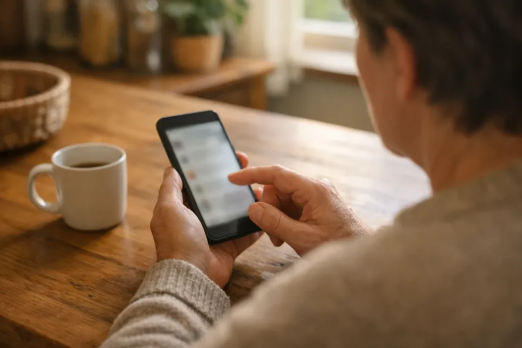 Persoon bekijkt een smartphone aan de keukentafel.