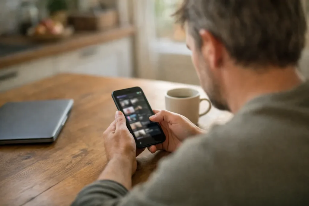 Persoon bekijkt een smartphone aan de keukentafel om eigen videoconcepten op te ruimen.
