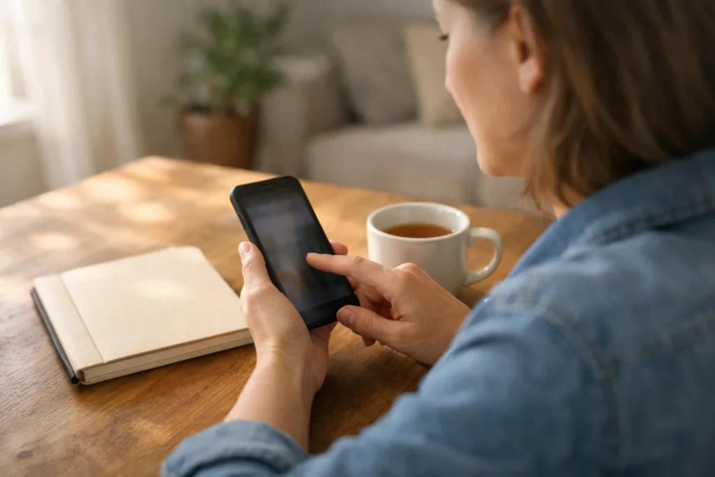 Persoon bekijkt een smartphone aan de keukentafel om oude Facebook berichten op te ruimen.