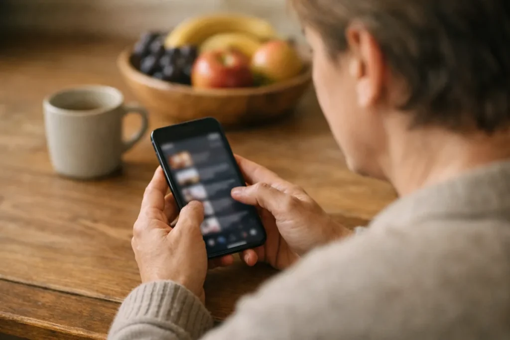 Persoon aan de keukentafel die opgeslagen video’s op een telefoon bekijkt.