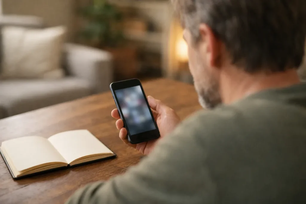 Persoon die thuis op een telefoon bekijkt welke Instagram hoogtepunten weg kunnen
