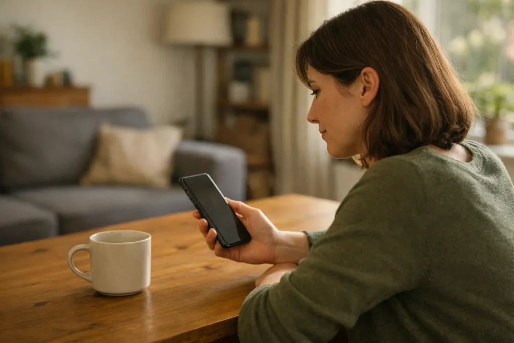 Iemand bekijkt een telefoon aan de keukentafel om oude Reel concepten op te ruimen.