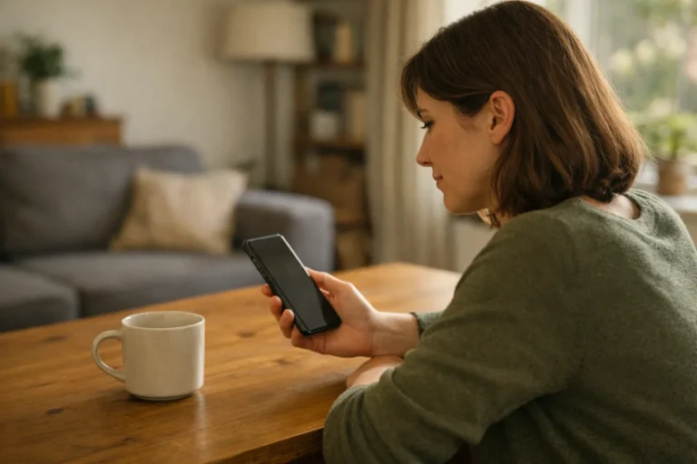 Iemand bekijkt een telefoon aan de keukentafel om oude Reel concepten op te ruimen.