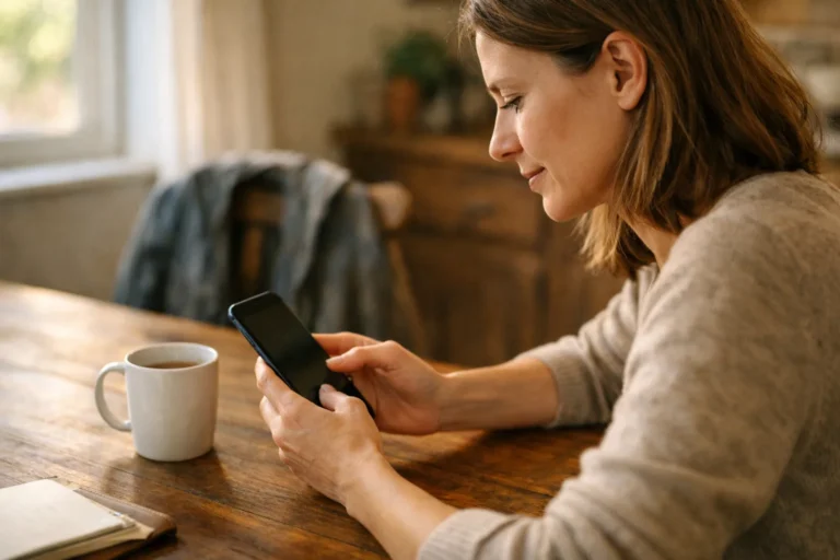Persoon bekijkt een smartphone aan de keukentafel om een Instagram verhaal te verwijderen.