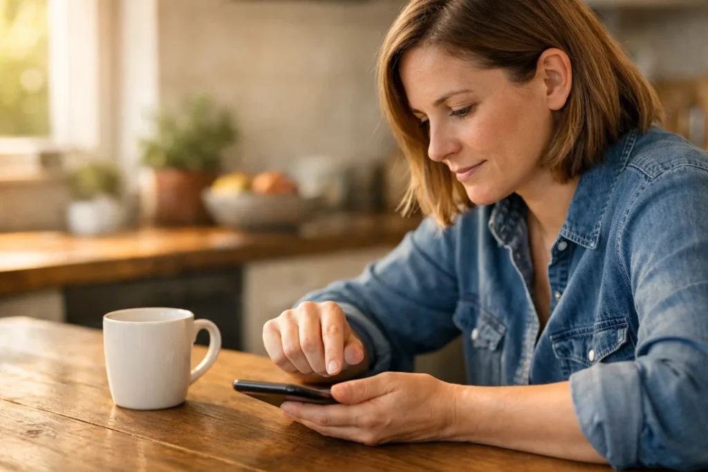 Persoon aan een houten keukentafel die aandachtig op een smartphone kijkt.