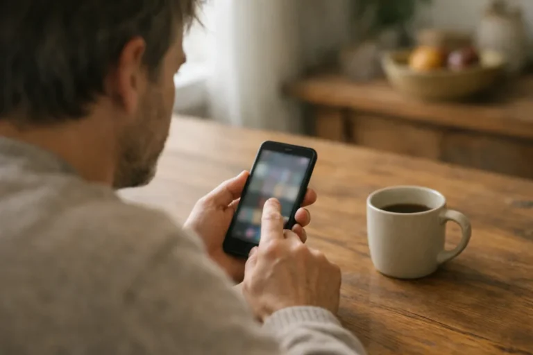 Persoon aan een keukentafel die een bericht op een smartphone bekijkt.