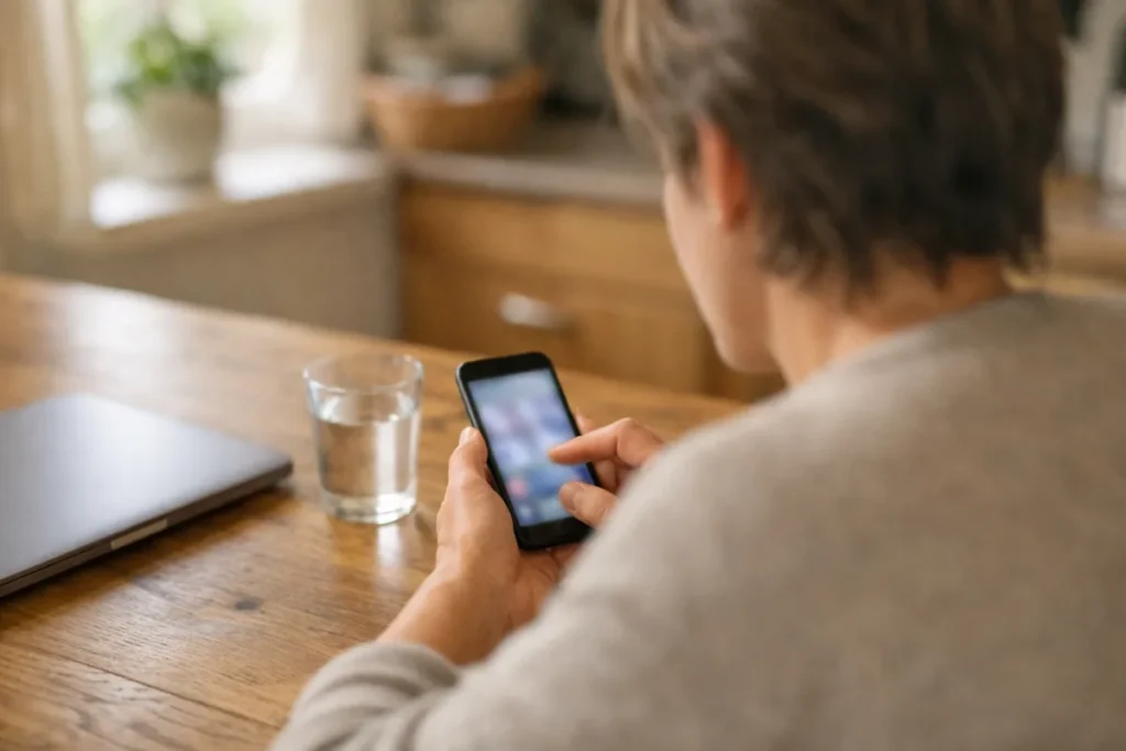 Persoon bekijkt een smartphone aan de keukentafel met een laptop ernaast.