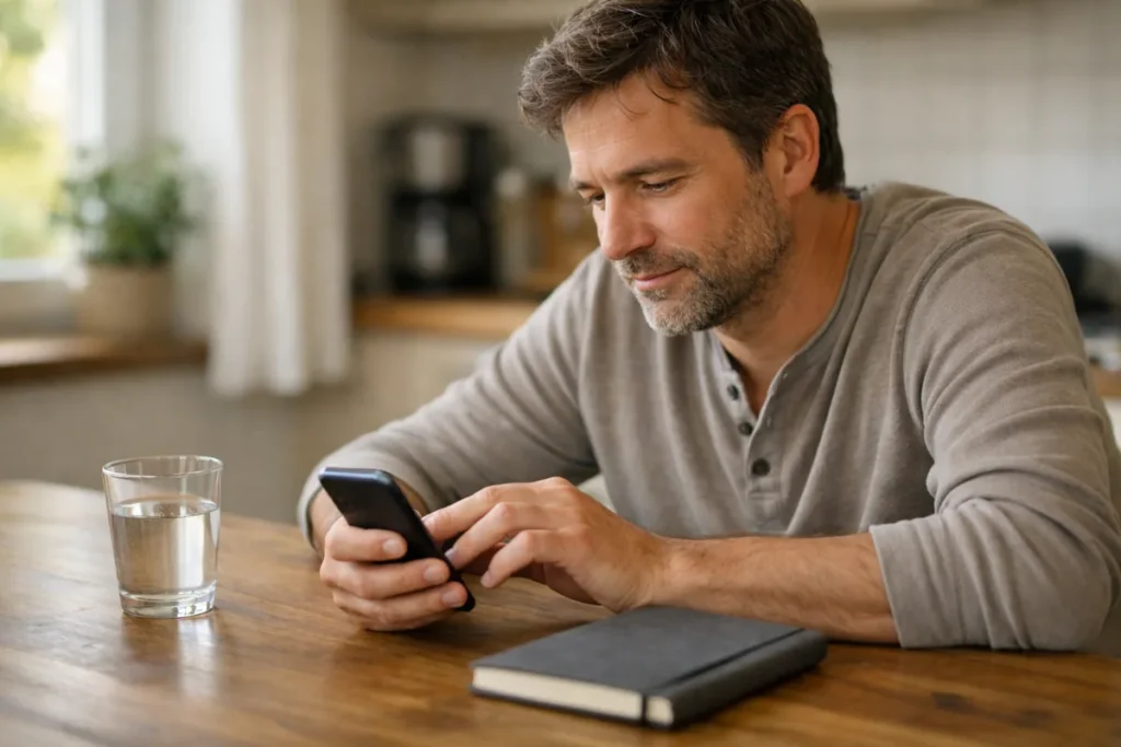 Persoon aan de keukentafel die een gesprek op een smartphone bekijkt.
