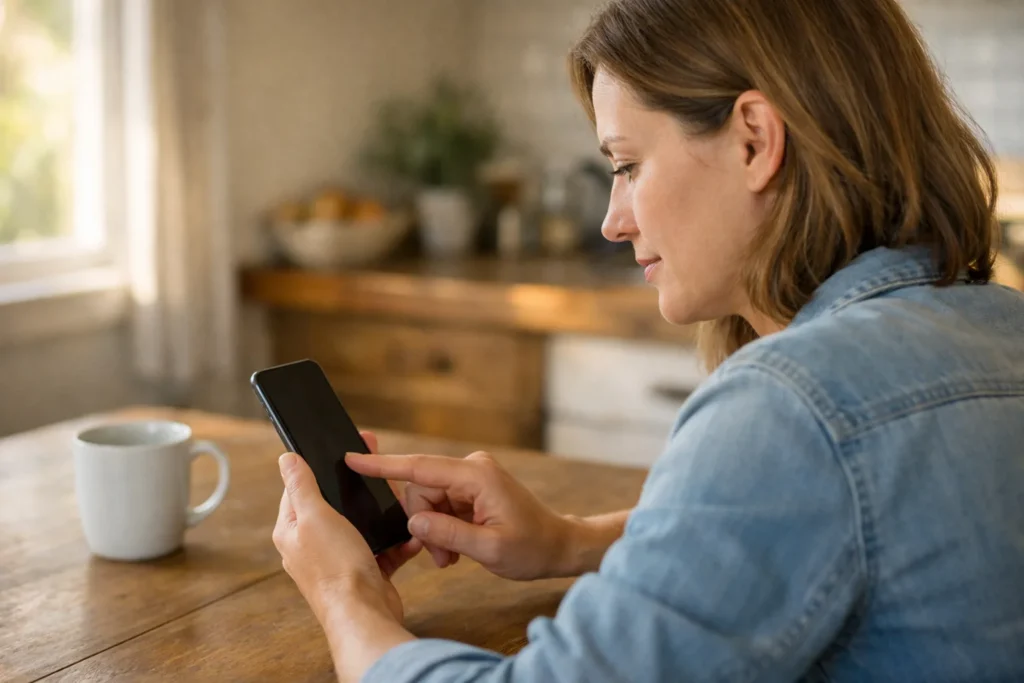 Persoon aan de keukentafel die op een smartphone kijkt om een TikTok story te verwijderen