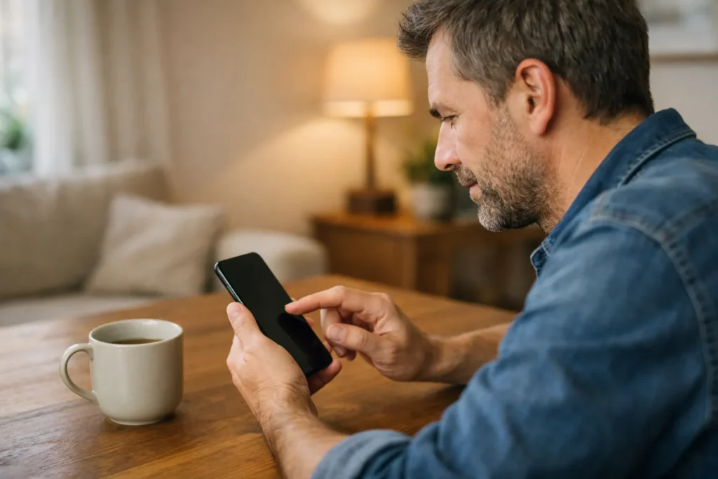 Persoon bekijkt een smartphone aan tafel om de Facebook kijkgeschiedenis te beheren.