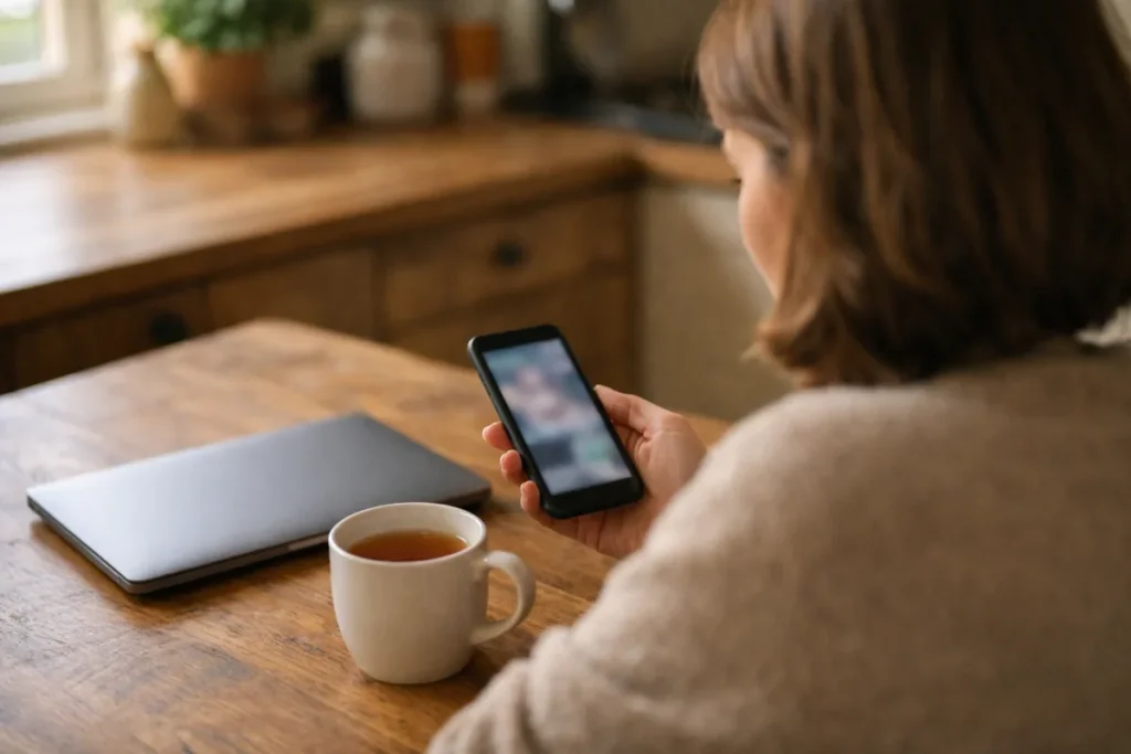 Persoon bekijkt een smartphone aan de keukentafel voordat het TikTok account wordt verwijderd.