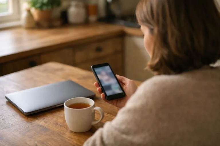 Persoon bekijkt een smartphone aan de keukentafel voordat het TikTok account wordt verwijderd.