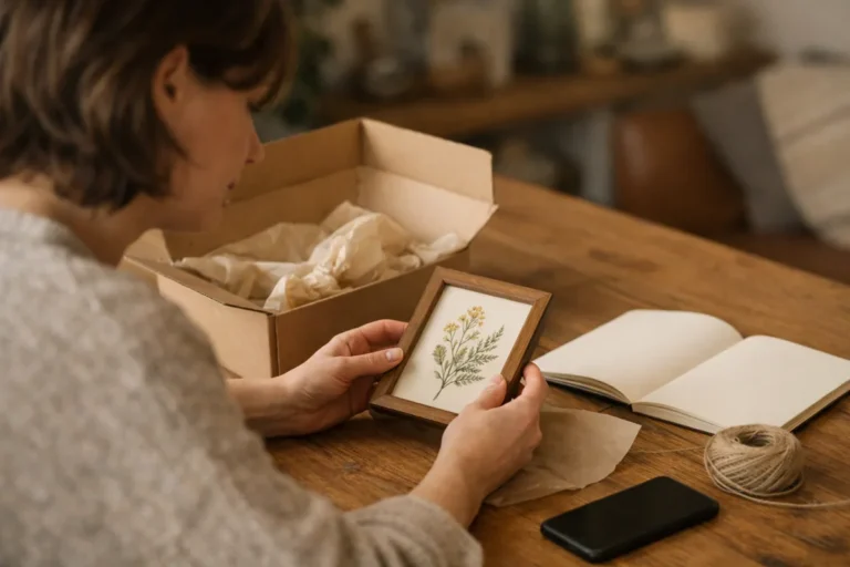Persoon bereidt een ingelijste illustratie en verpakking voor als prijs voor een Instagram winactie.