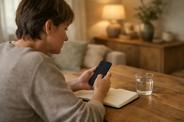 Persoon bekijkt een smartphone aan een tafel in een rustige huiskamer.