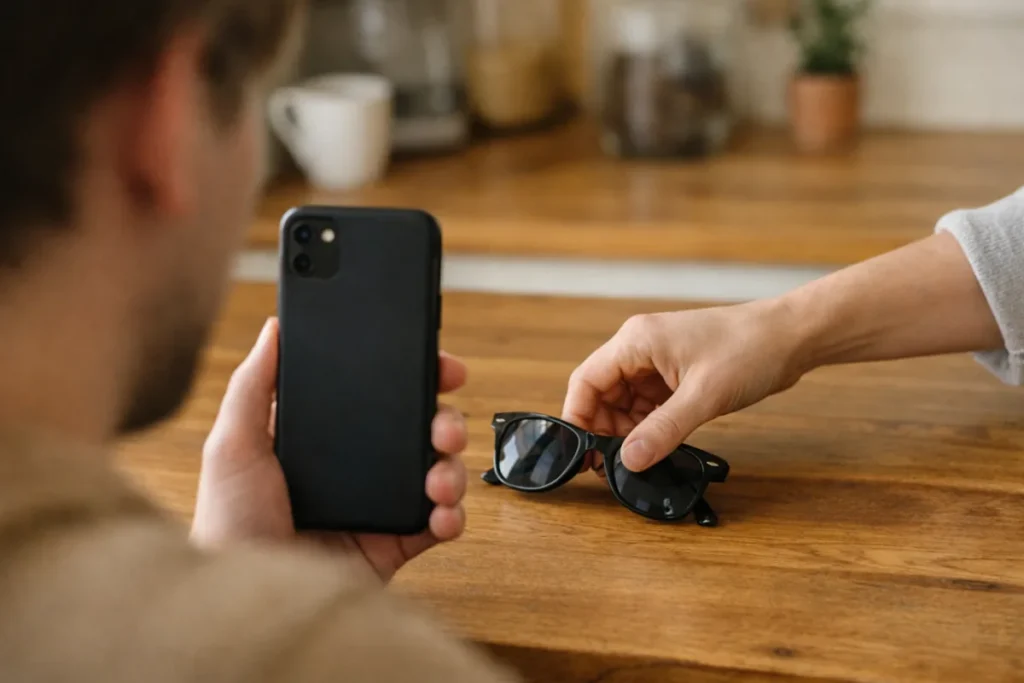 Iemand filmt met een telefoon hoe een zonnebril wordt opgetild voor een Boomerang.