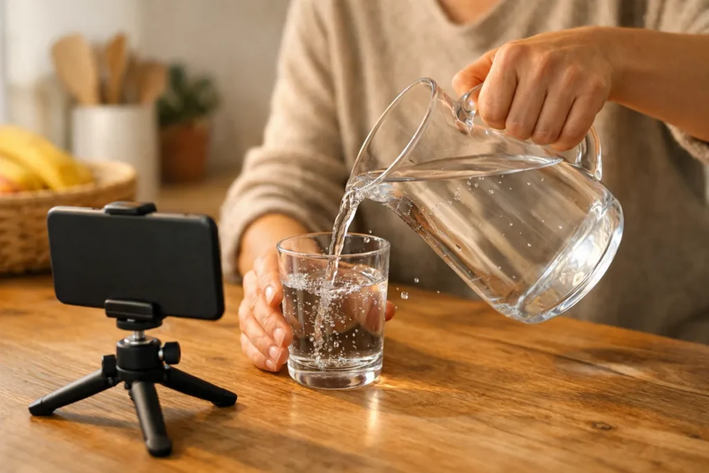 Iemand filmt met een telefoon hoe water in een glas wordt geschonken om de beweging later te vertragen.