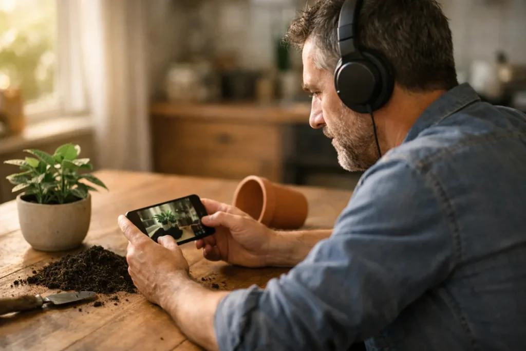 Persoon luistert naar een video op een telefoon aan een tafel met een plant en potgrond.
