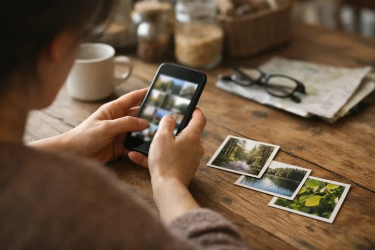 Persoon kiest op een telefoon foto’s van een wandeling voor een TikTok fotocarrousel.