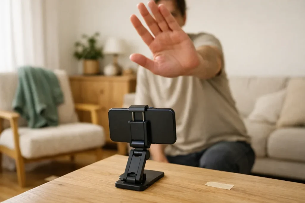 Persoon die thuis een TikTok overgang oefent met een hand voor de camera en een tweede trui op een stoel.