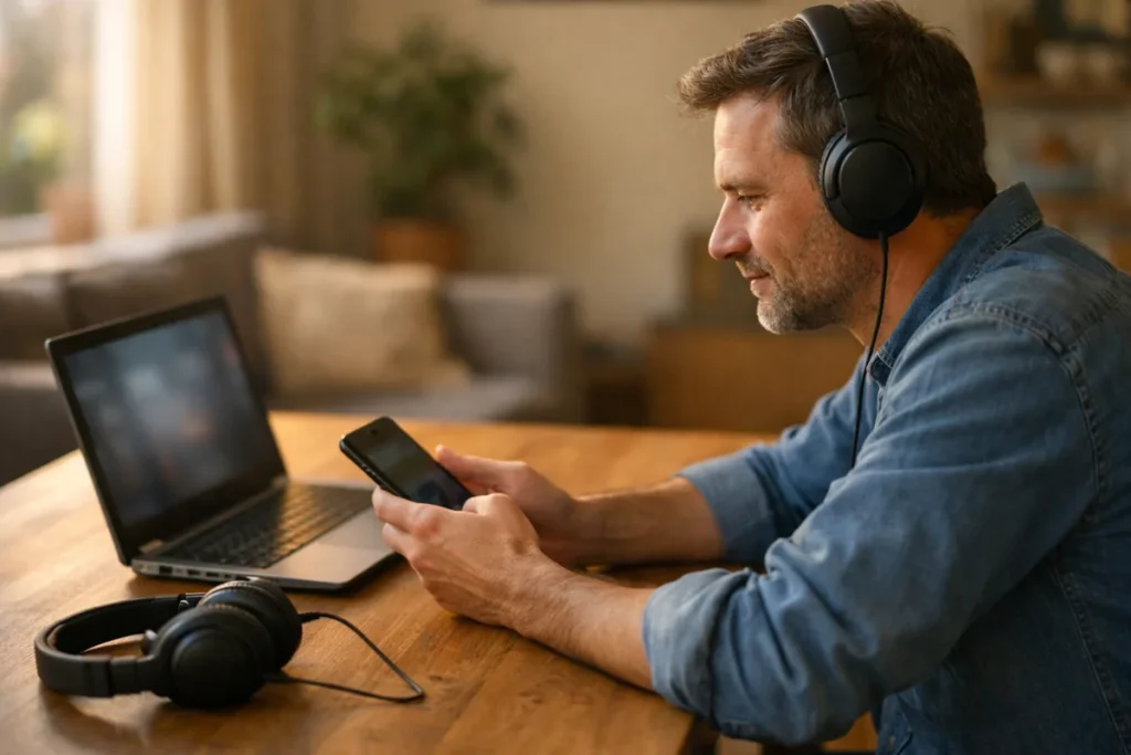 Persoon luistert met een koptelefoon naar een opname aan tafel met een telefoon en laptop.