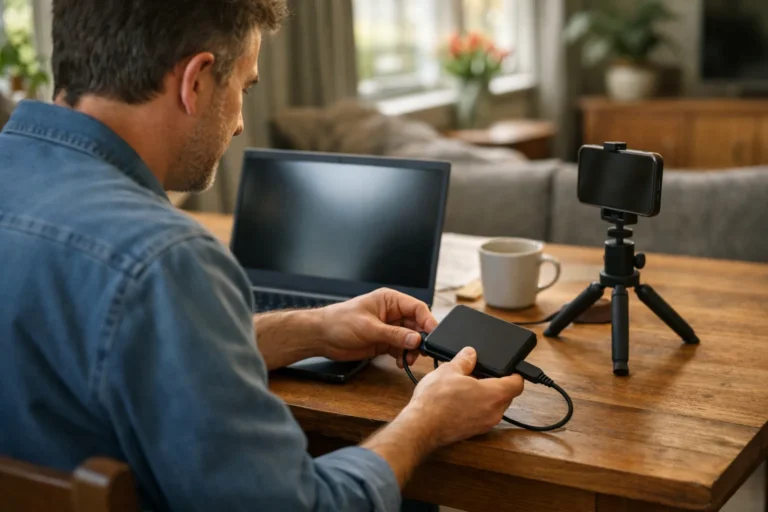 Iemand sluit een externe schijf aan op een laptop om een eigen live opname te bewaren.