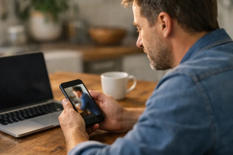 Iemand bekijkt op een smartphone een eigen korte video aan de keukentafel.
