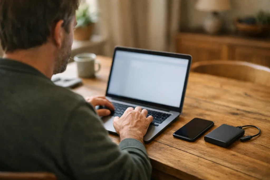 Persoon bekijkt een laptop aan de eettafel met een telefoon en externe opslagschijf ernaast.