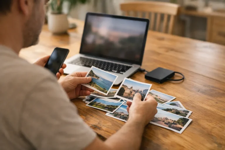 Persoon bewaart eigen foto's aan tafel met een telefoon, laptop en externe opslagschijf.