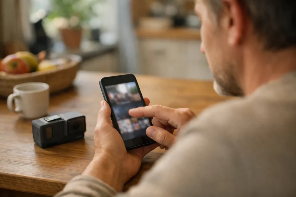 Persoon bekijkt een korte video op een smartphone aan de keukentafel.