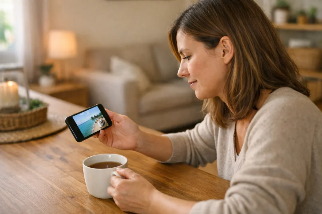 Persoon bekijkt een smartphone aan de keukentafel om een eigen Instagram Story te bewaren.