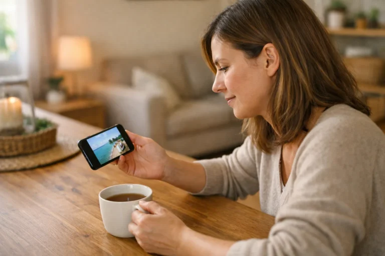 Persoon bekijkt een smartphone aan de keukentafel om een eigen Instagram Story te bewaren.