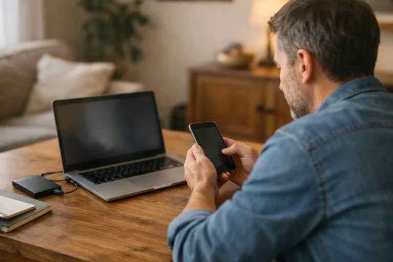 Persoon bekijkt een telefoon naast een laptop om een persoonlijke video te bewaren.