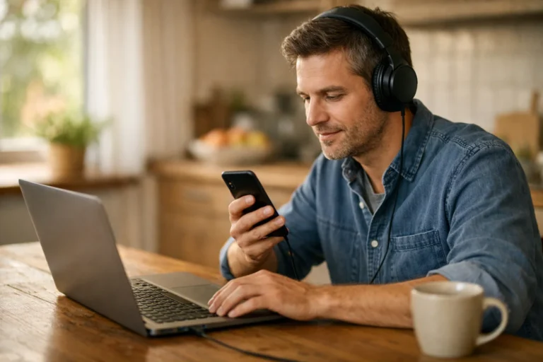Iemand luistert met een koptelefoon naar geluid op een telefoon naast een open laptop.