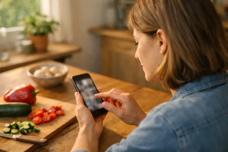 Persoon bekijkt een smartphone aan de keukentafel om een receptvideo te bewaren.