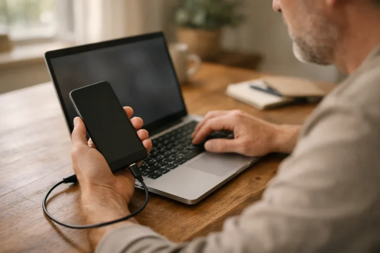 Persoon verbindt een telefoon met een laptop om een opgeslagen video over te zetten.