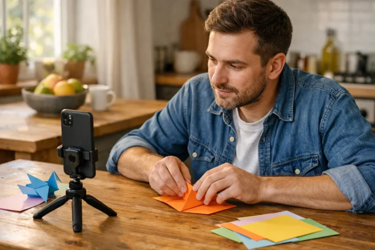 Iemand vouwt papier voor een smartphone tijdens het opnemen van een TikTok duet.