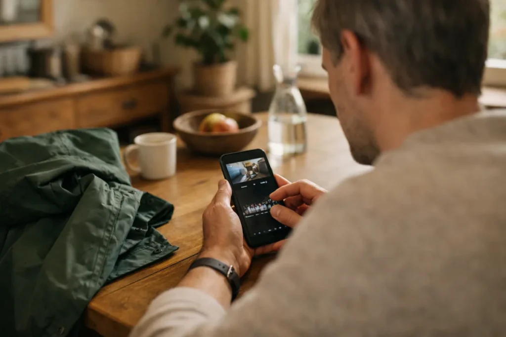 Persoon bekijkt een conceptvideo op een telefoon aan de keukentafel, met een regenjas op de stoel ernaast.