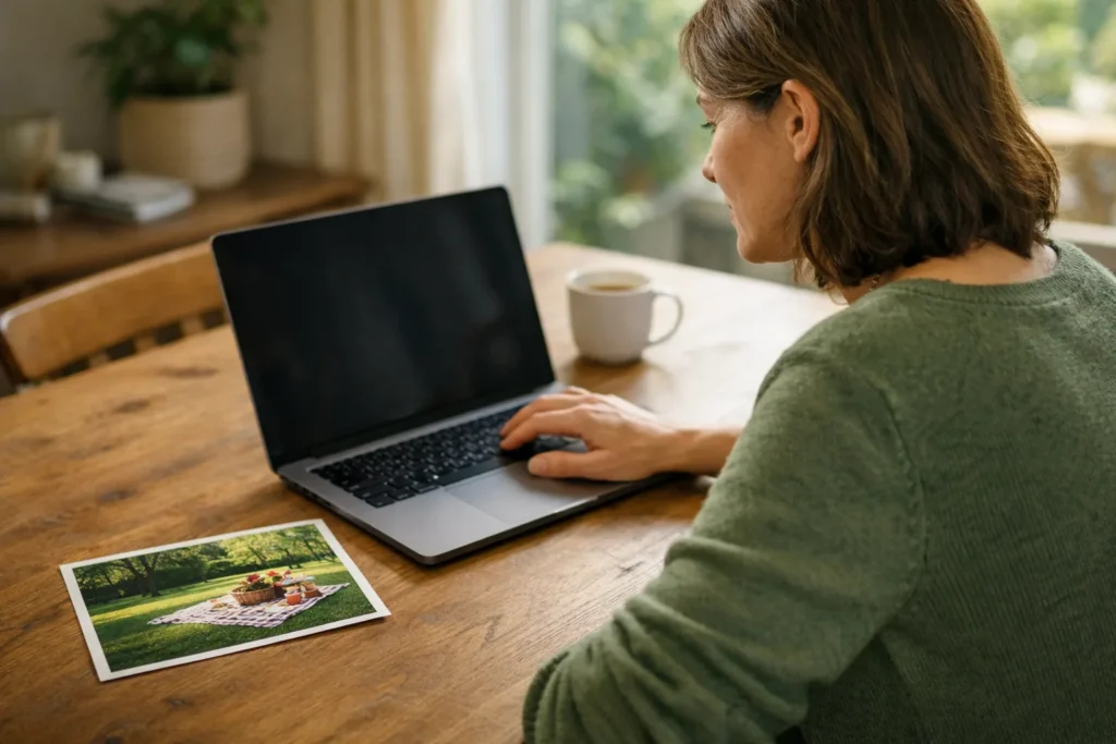 Persoon die thuis op een laptop een gepland bericht aanpast, met een foto naast de laptop.