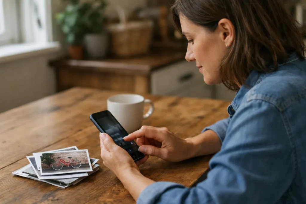 Een persoon zit aan de keukentafel en past een bericht aan op een smartphone.
