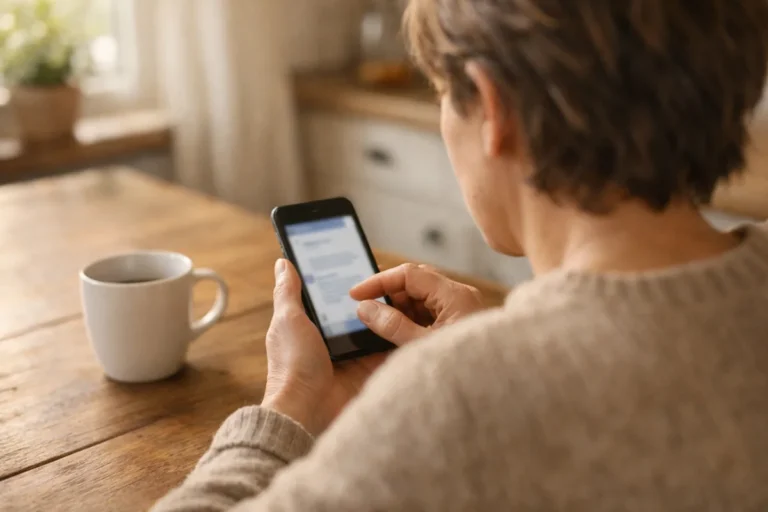 Persoon aan een keukentafel die een reactie op een smartphone controleert.