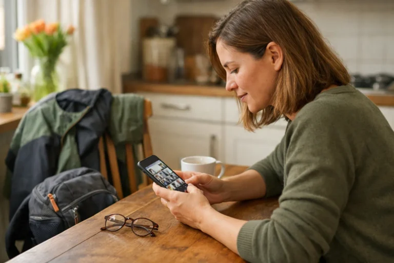 Persoon bekijkt een smartphone aan de keukentafel om een Instagram verhaal voor te bereiden.