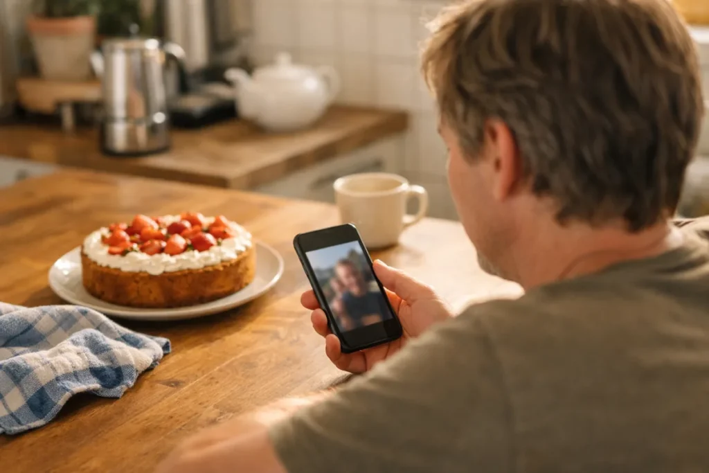 Persoon bekijkt een foto op een telefoon aan de keukentafel, met een zelfgebakken taart ernaast.