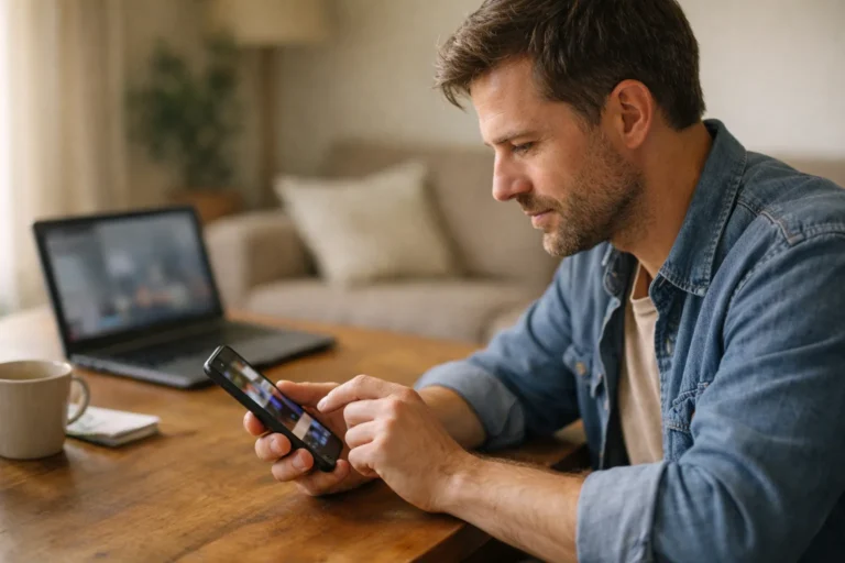 Iemand controleert een geplaatste video op een telefoon aan een houten tafel.