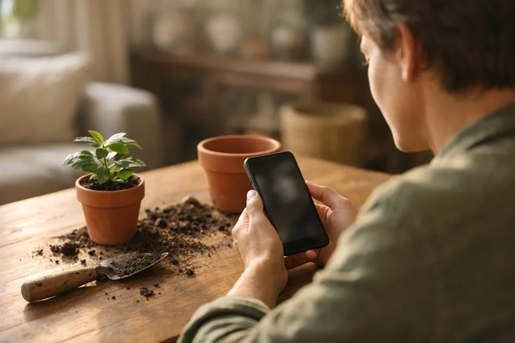 Iemand bekijkt een smartphone naast een pas verpotte plant om een cover voor een TikTok video te kiezen.