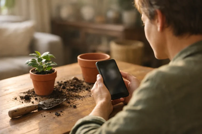 Iemand bekijkt een smartphone naast een pas verpotte plant om een cover voor een TikTok video te kiezen.